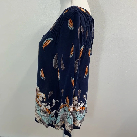 Ganji LA Small Top Navy Floral Print  3/4 Flare Sleeve Light Boho Office M21 - Picture 4 of 9